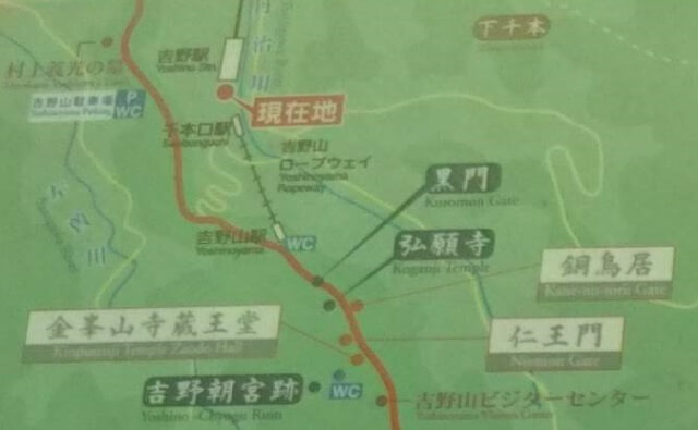 近鉄吉野駅から吉野山ロープウェイの地図